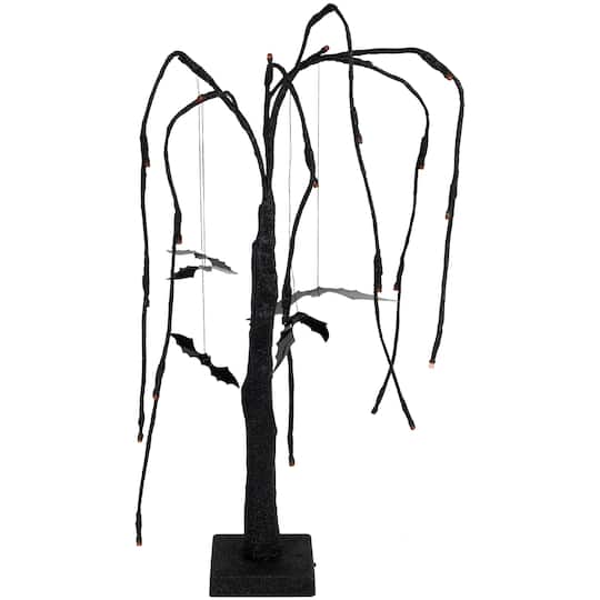 24&#x22; LED Lighted Black Glittered Halloween Willow Tree with Bats